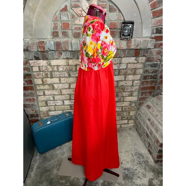 maxi Dress empire waist puff sleeve floral red yellow green 1970s - Image 5