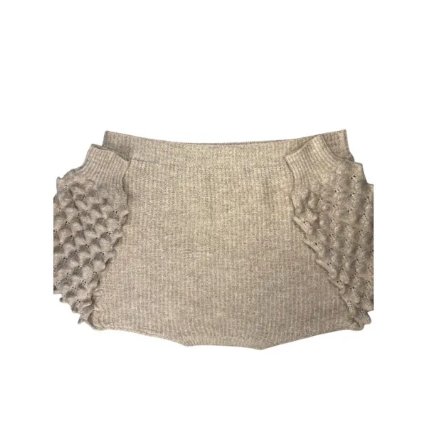 DEBUT Oatmeal Beige Knit Sweater Puffy Crocodile Stitch Sleeves Medium Cropped‎ - Image 8