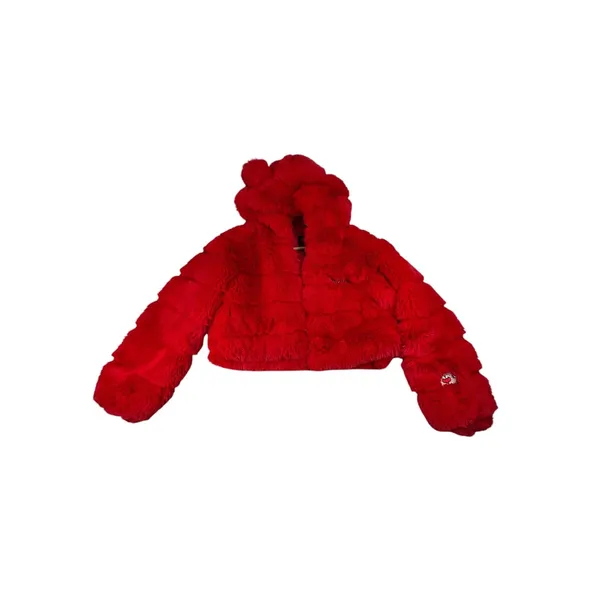 Disney Forever 21 Mickey Mouse Red Faux Fur Cropped Hooded Jacket Women’s M - Image 4