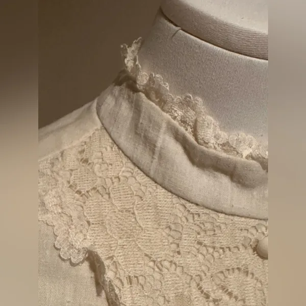 1970’s Prairie-Style Delicate Vintage Cream Puff Sleeves high neck bodice, waist - Image 9