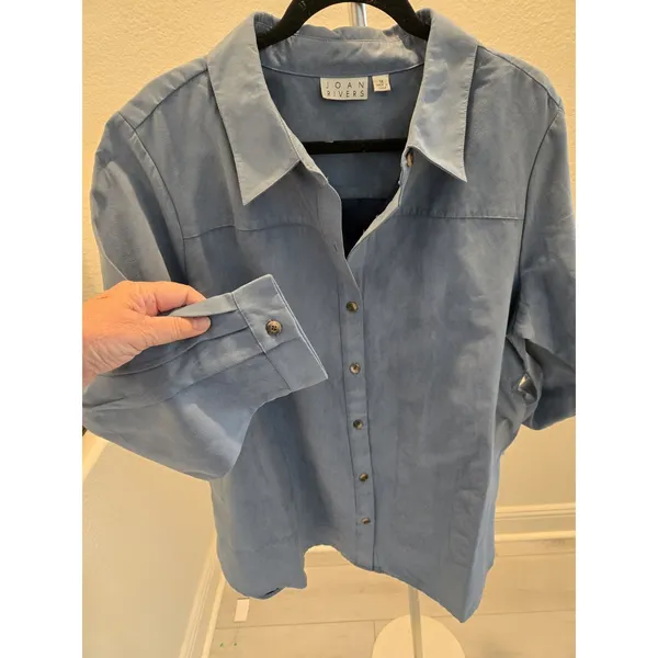 Joan Rivers Womens 1X Blue Faux Suede Button Down Shirt Long Sleeve Shacket Top - Image 3