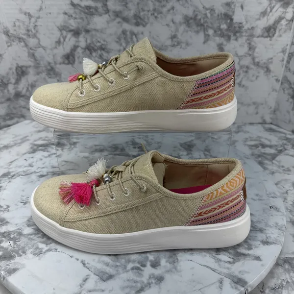 Hey Dude Cody Boho Mix Slip On Shoes Size 8 Natural Canvas Tassel Moccasin Flats - Image 4