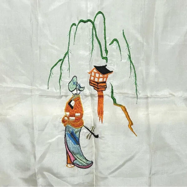 Vintage Japanese Embroidered Silk Handkerchief Geisha‎ Pagoda Willow Tree Art - Image 2
