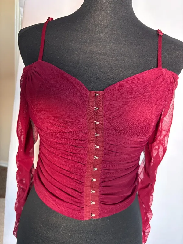 Red Mesh Ruched Corset Top – Size M - Image 2