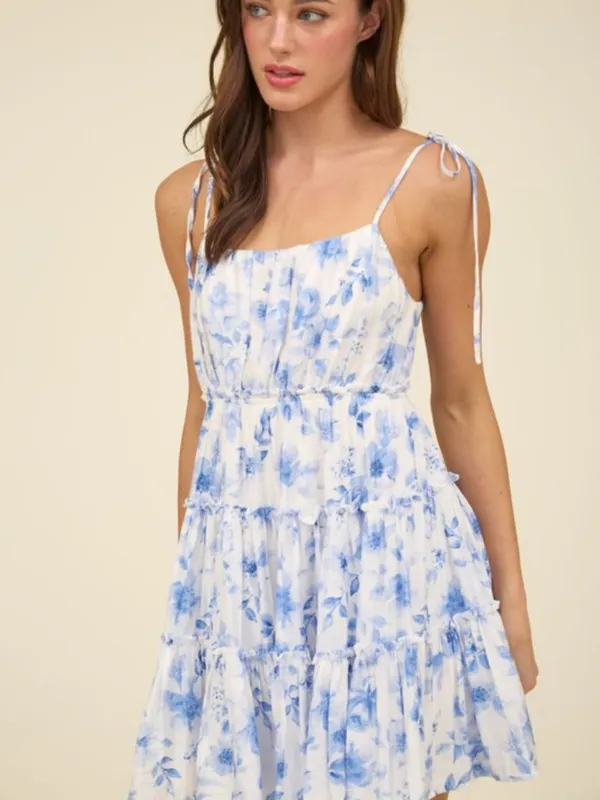 Floral Spaghetti Strap Tiered Back Tie Mini Dress Large - Image 3