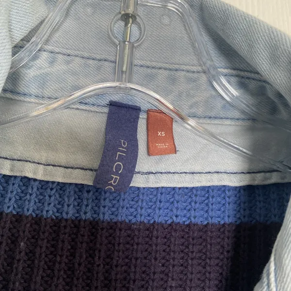 Pilcro Mixed Media Striped Sweater Womens Size‎ XS Blue Denim Layered Knit Top - Image 4