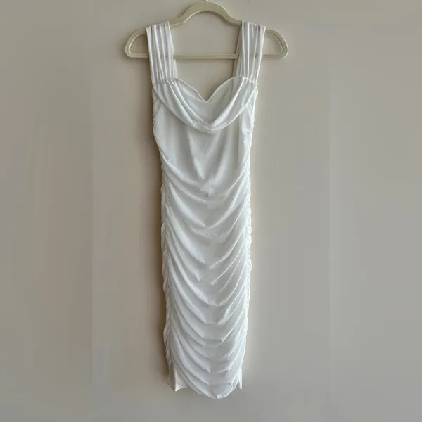 Glamaker White Mesh Ruched Off the Shoulder Mini Dress, Size Small, Bridal - Image 3