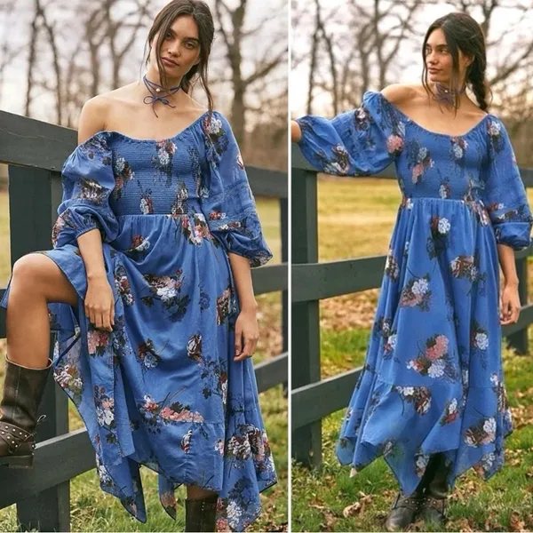 Free People S Morning Glory Floral Print Scoop Neck‎ Long Sleeve Boho Maxi Dress - Image 2