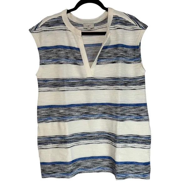 Loft Outlet Womens Blue White Striped Split V-Neck Sleeveless Sweater Top Size M - Image 2