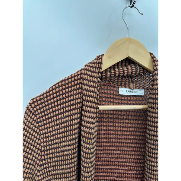 Zara Sweater Women XL Tan Black Red Long Sleeve‎ Open Front Knit Cardigan - Image 5