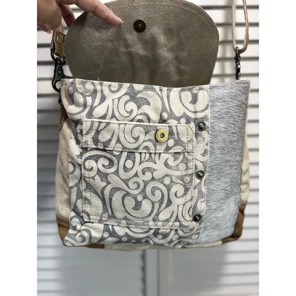 Myra Hair On Cowhide Leather Canvas Paisley Shoulder‎ Bag Boho Gray/Tan - Image 7
