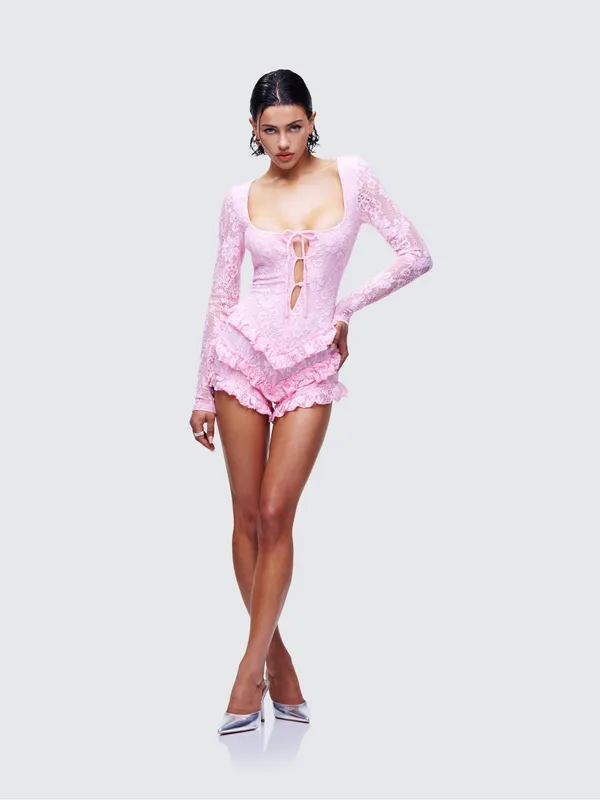 Women's Pink Lace Long-Sleeve Romper - Elegant Sleepwear - Image 6