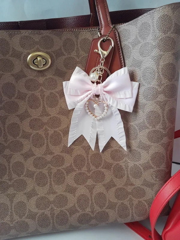 Ribbon Bow Faux Pearl Heart Bag Charm Keychain - Image 3