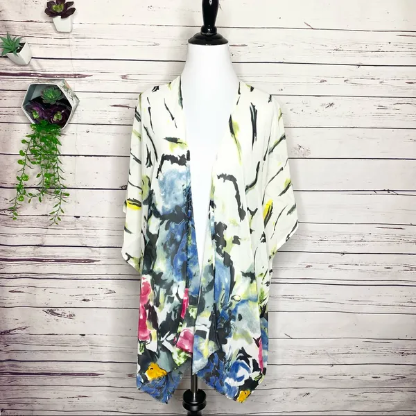 Multicolor Bohemian Abstract Floral Kimono Shawl Cover-Up Blouse Top One Size - Image 7