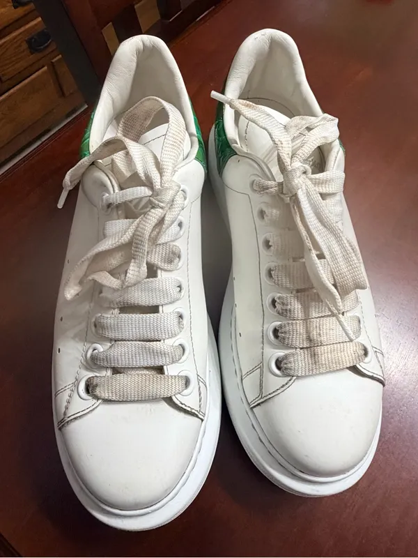 Alexander McQueen White Leather Platform Sneakers with Green Croc Heel - Image 14
