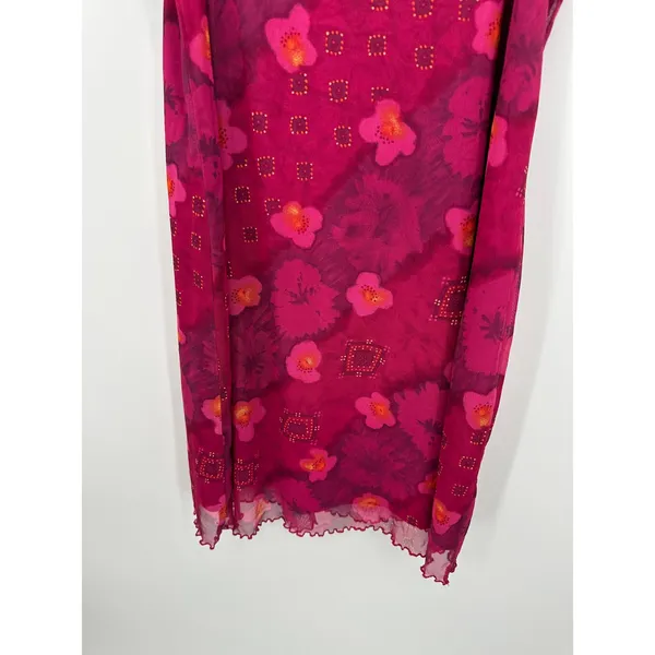 Vtg Y2K Pink Floral Mesh Mini Dress Slip Lettuce Hem Fairycore Coquette‎ Mcbling - Image 4