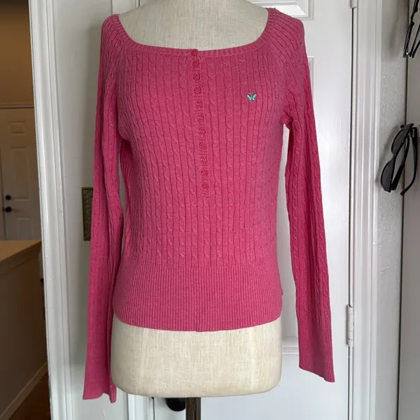 Aeropostale y2k label cableknit cropped half button sweater butterfly logo - Image 9