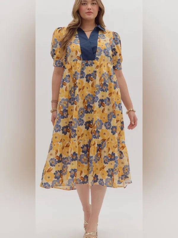 New!Entro Boutique Cotton Yellow Floral Midi Dress Pocket Navy Trim Size 2X - Image 5