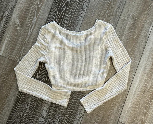 SheIn Sz S Long Sleeve Waffle Weave Cream Ivory Knit Top - Image 5