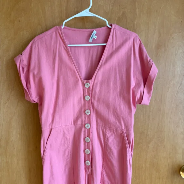 Madewell Button Front Jumpsuit Womens 4 Pink Herringbone Short Sleeve‎ Wide Leg - Image 4