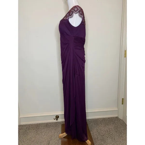 Xscape Purple Eggplant Beaded Bodice Formal Long Dress Gown Sz 14 Ruched Back - Image 4