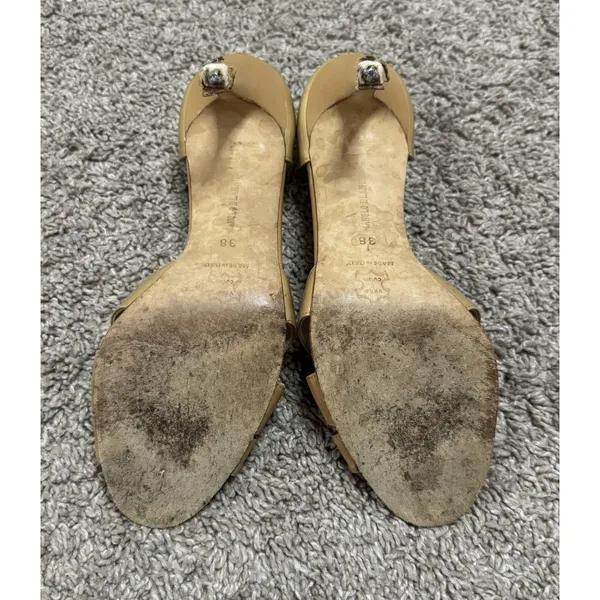 Vintage MANOLO BLAHNIK D’Orsay Nude Tan Patent Leather Peeptoe High Heels Sz 38 - Image 5