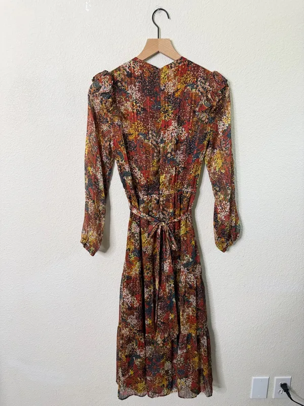 Greylin Printed Ruffle Chiffon Belted Midi Dress‎ Womens Size XS - Image 4