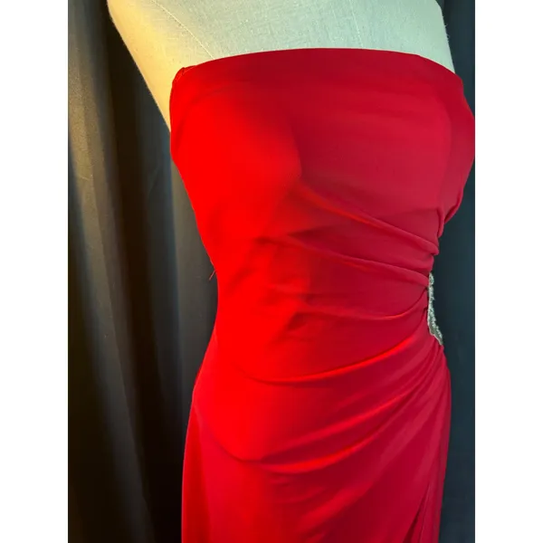 Red Strapless Ruched High Low‎ Evening Gown with Crystal Brooch Accent - Image 4