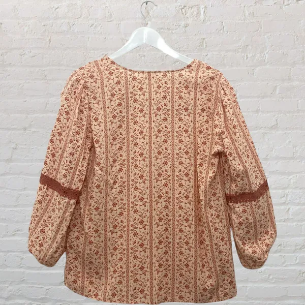 Boho Peasant Blouse M Floral Crochet Lace Tie Neck 3/4 Puff Sleeve Festival - Image 14