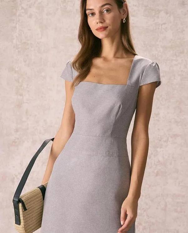 RIHOAS The Grey Square Neck Cap Sleeve Mini Dress M 47 - Image 4