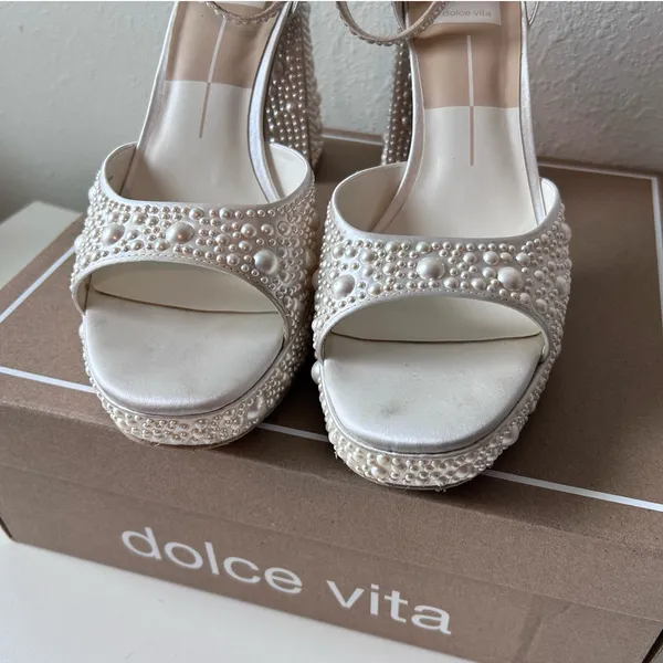 Pandro Pearl Heels True White Satin - Image 6