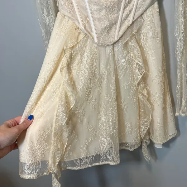 Oh Polly Ivory Lace Corset Mini Dress Long Sleeve Ruffle Skirt 6729 US 2 NWT - Image 7