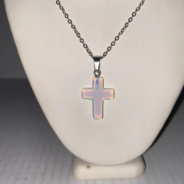 Women's Faux Iridescent Opal Cross Silver-Tone Fashion Necklace - Image 2
