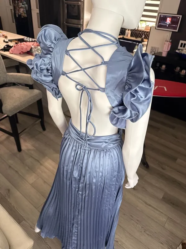 Pleated Satin Cut-Out Maxi Dress in Steel Blue - Image 5