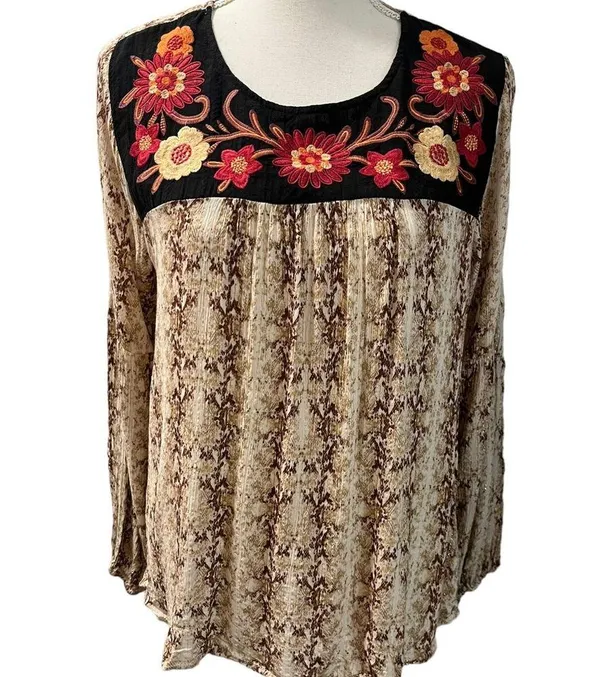 Savanna Jane Boho Floral Embroidered Gold Thread Long Sleeve Fall Blouse Size L - Image 3