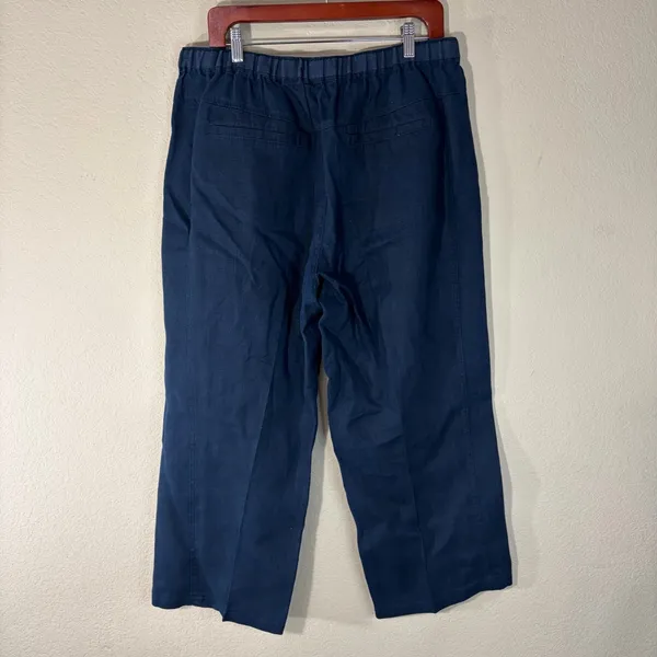 Orvis Wide Leg 100% Linen Solid Navy Drawstring Cropped Pant Large Beach Resort - Image 5