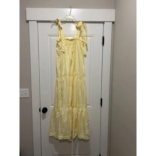 Yellow White Striped Tiered Maxi Tie Straps Maxi Dress Size Medium Brunch Girly - Image 5