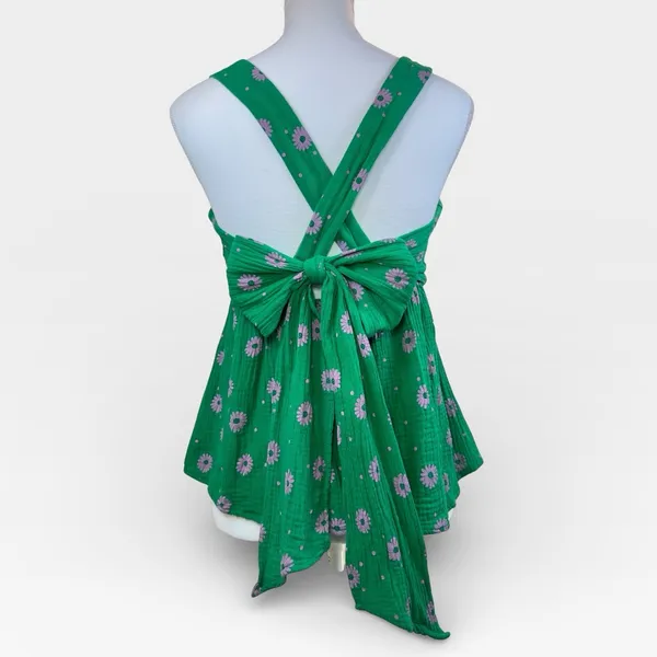 Entro Green Floral Babydoll Top with Bow Tie Spring Open Back Detail MEDIUM - Image 2