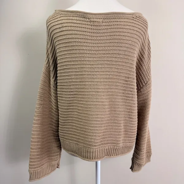 Aerie Womens Tan Cotton Textured‎ Open Stitch Boatneck Pullover Sweater Size M - Image 3