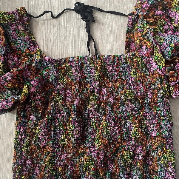 Free People Floral Smocked Crop Top XS Puff Sleeve Tie Back Blouse - Image 5