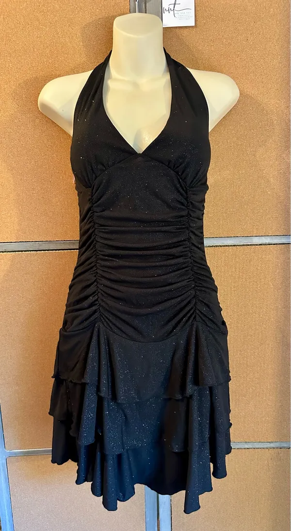 La Belle Vintage Y2K Black Glitter Ruched Halter Tiered Dress Medium Homecoming - Image 2