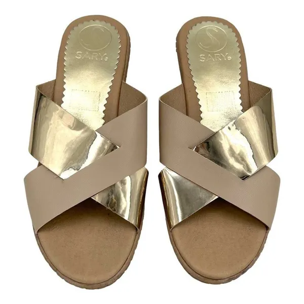 Sary Metallic Gold and Beige Tan Open Toe Wide Strap Slide Sandal Size 7 - Image 2