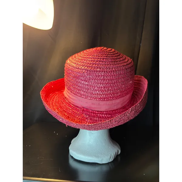 Vintage Magenta Pink Straw Sun Hat Wide Brim Floral‎ Ribbon Accent Summer Beach - Image 8