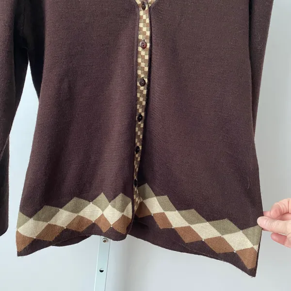 Da Qiu Wool Academia Dark Academia Argyle V-Neck Knit Cardigan L Brown - Image 3