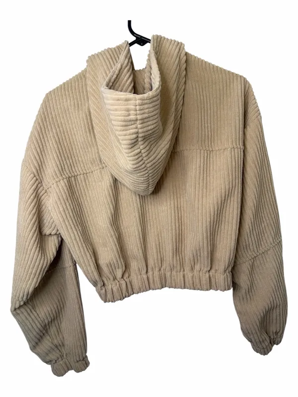 Altar'd State Cropped Corduroy Hooded Jacket Zipper Front Light Tan - Image 2