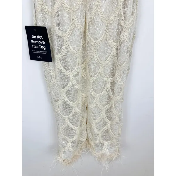 Lulus Uniquely Confident Cream Lace Feather Strapless Midi Dress Cocktail L NWT - Image 13