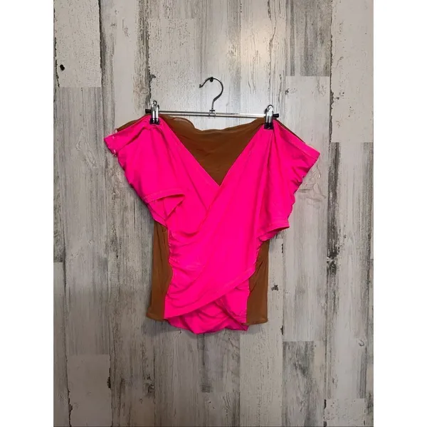 AKIRA Pink & Brown Sheer Mesh Wrap Top 3X Off Shoulder V-Neck Stretch NWT - Image 2