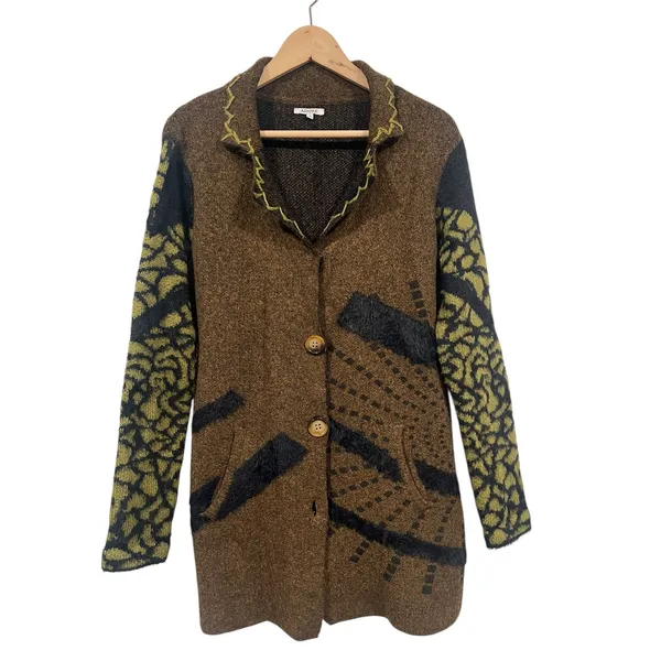 Boutique Women’s Art to wear Funky Boho Fuzzy Cardigan Acrylic Green Brown Black S - Image 3