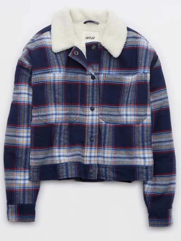 Aerie Cropped Plaid Sherpa-Lined Jacket in Navy - Image 2
