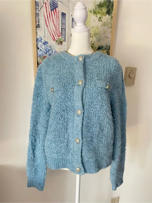 American Eagle Outfitters Cozy Boucle Cardigan in Light Blue Size Large - Image 2